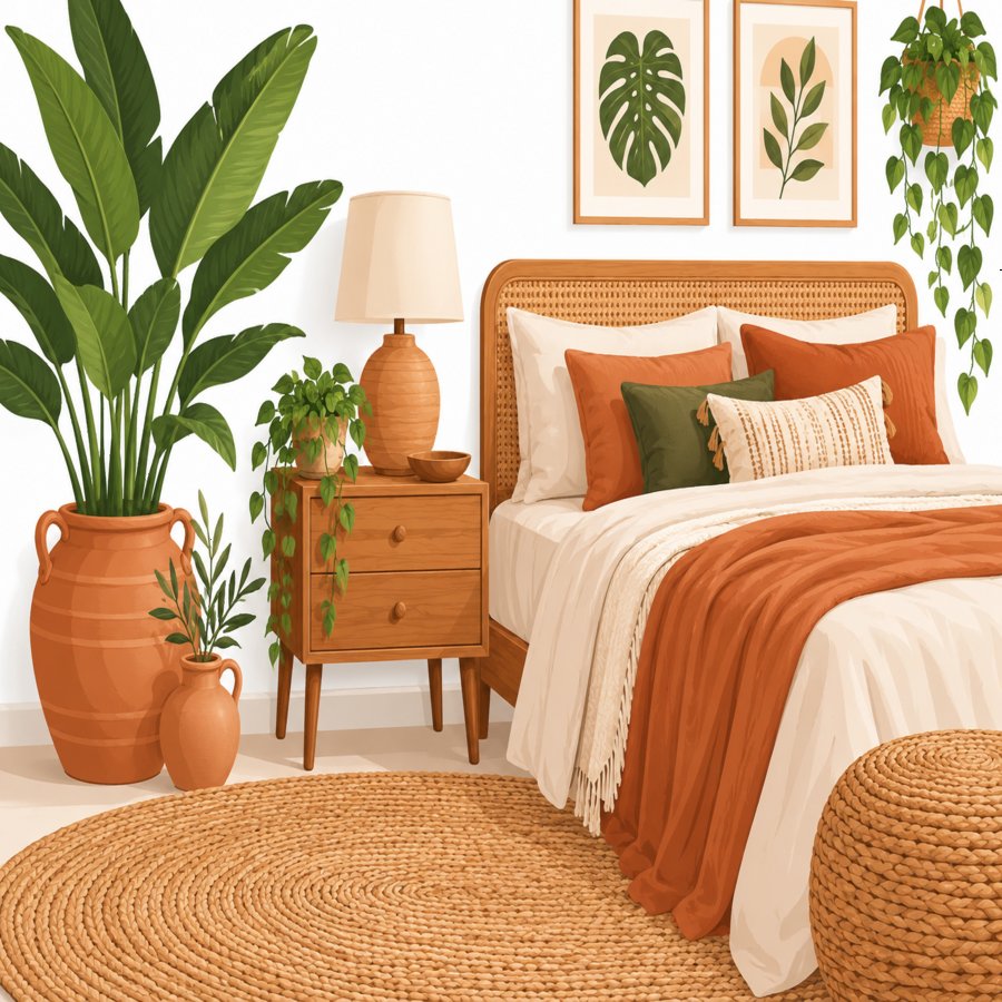Warm neutral bedroom styled with earth tone palette ideas and terracotta decor accents