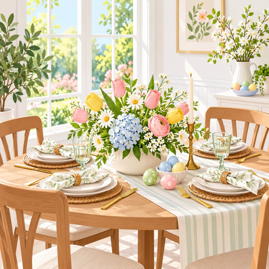 Cozy small dining table avoiding easter table decorating mistakes with pastel decor