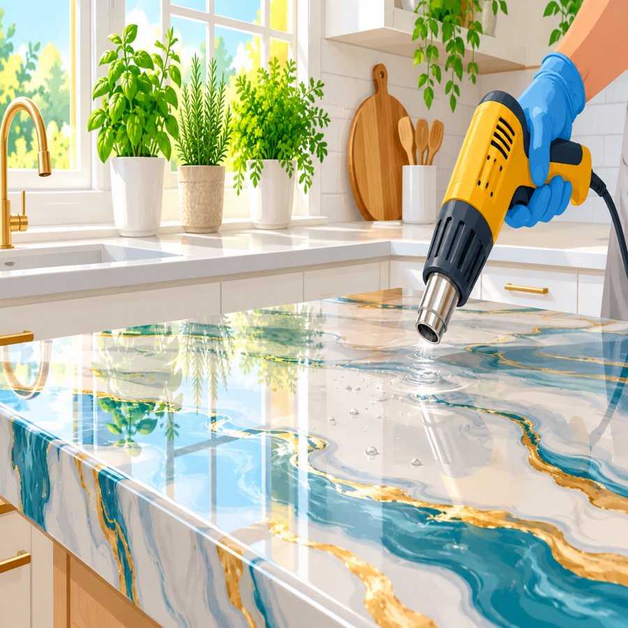 Flat vector graphic of a DIYer fixing epoxy countertop mistakes on a kitchen island
