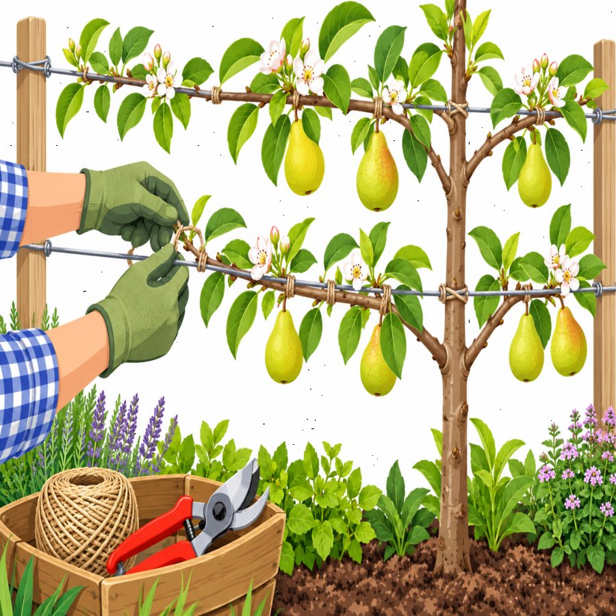 Gardener applying espalier fruit tree secrets while pruning a cordon apple on wire supports