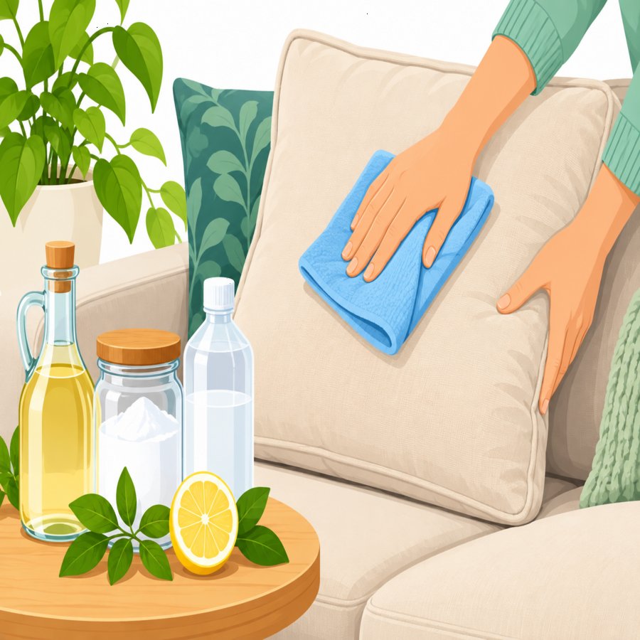 Fabric couch cleaning secrets shown through step-by-step upholstery stain removal icons