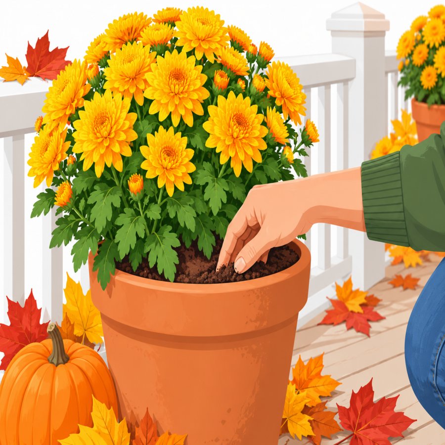 Fall porch planter blunders illustrated through dry soil in a potted chrysanthemum display