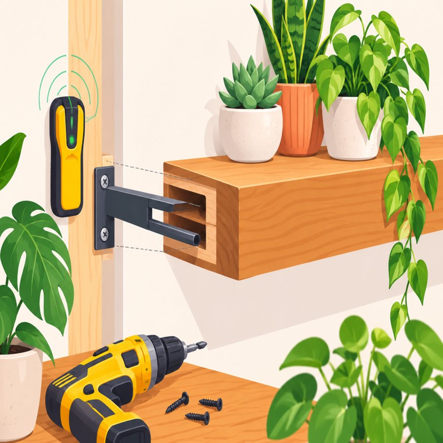 Close-up of floating wood shelf hacks installation with hidden blind shelf supports