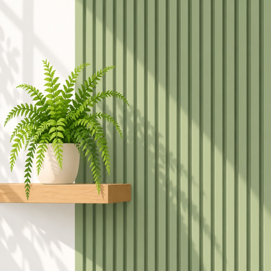 Close-up vector illustration of a textured fluted accent wall with warm lighting