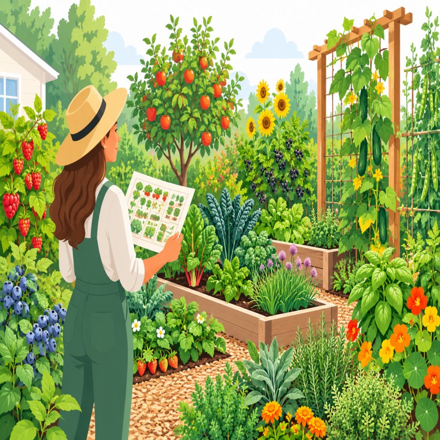 Bright vector garden scene showing how to avoid foodscaping garden mistakes with raised beds