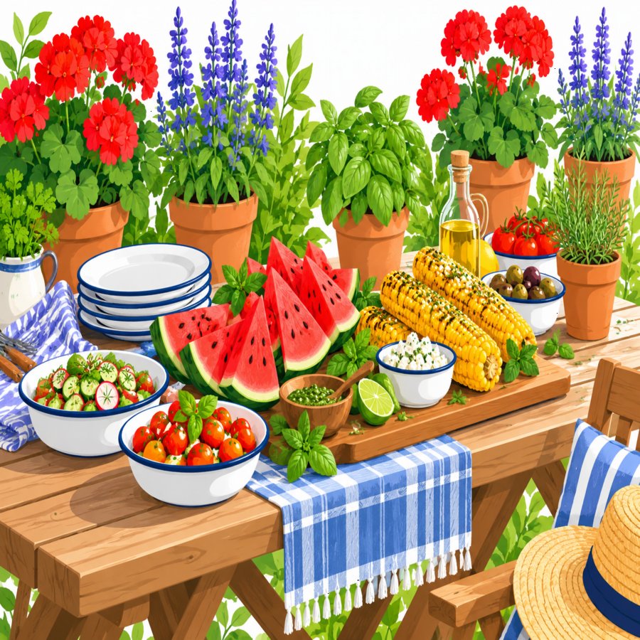 Styled outdoor table for a fourth of july backyard party with red white and blue entertaining accents