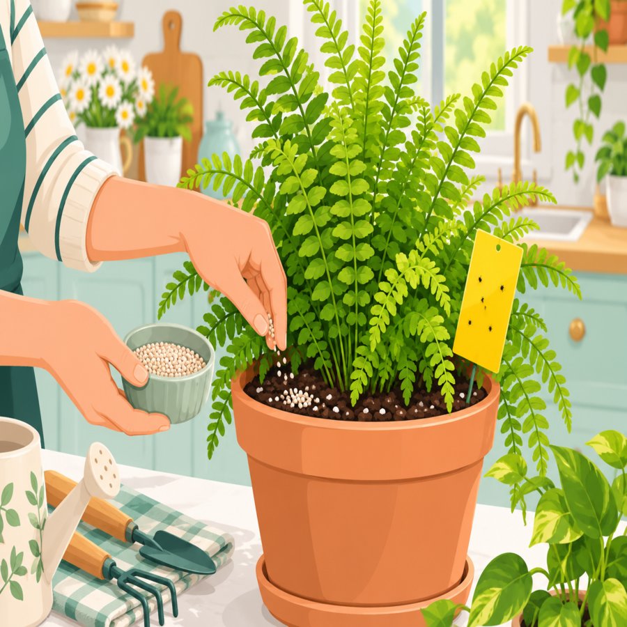 Bright vector scene depicting fungus gnat eradication blunders being corrected with biological soil treatment