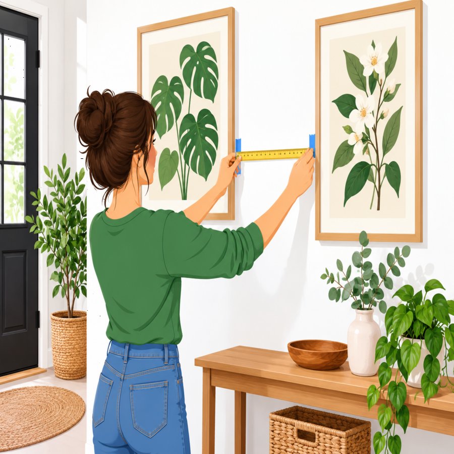 Illustration of framed art layout avoiding gallery wall design mistakes