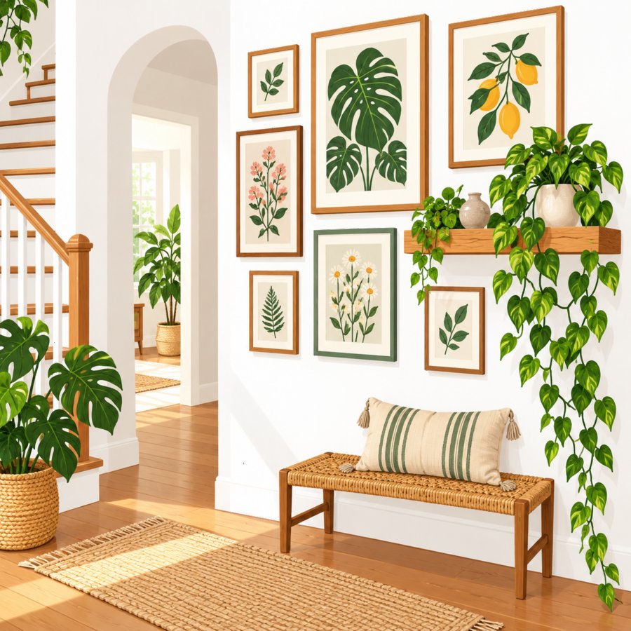 Flat vector illustration of gallery wall layouts featuring mixed picture frames in a cozy hallway