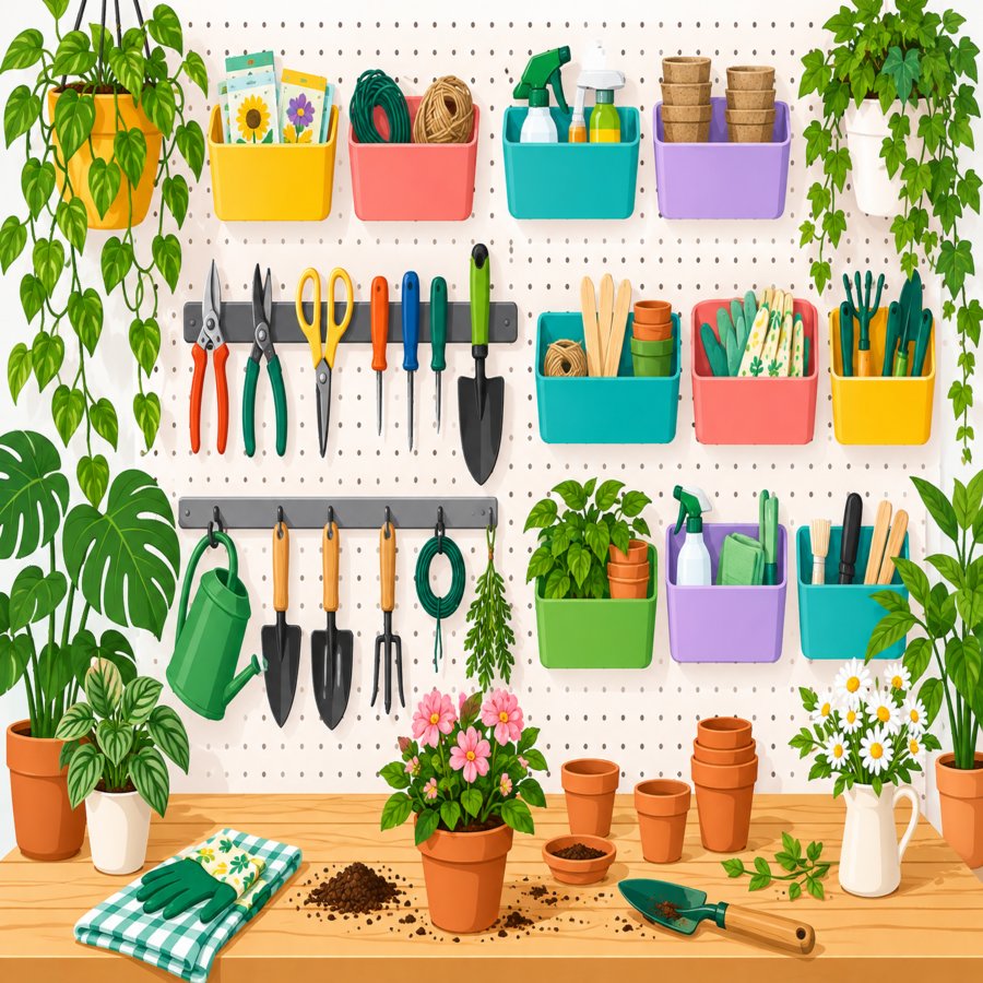 Close-up vector illustration of garage pegboard hacks with hanging bins and tool hooks