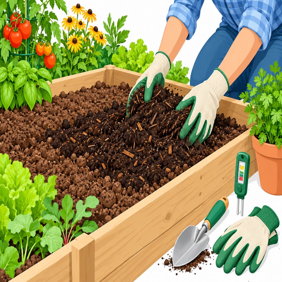 Hands enriching garden soil preparation with organic compost amendments