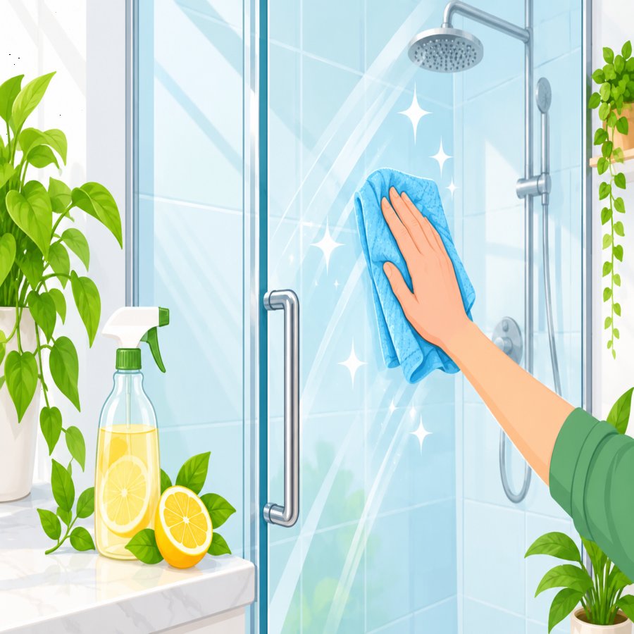 Hand cleaning glass panel using glass shower door hacks with vinegar spray