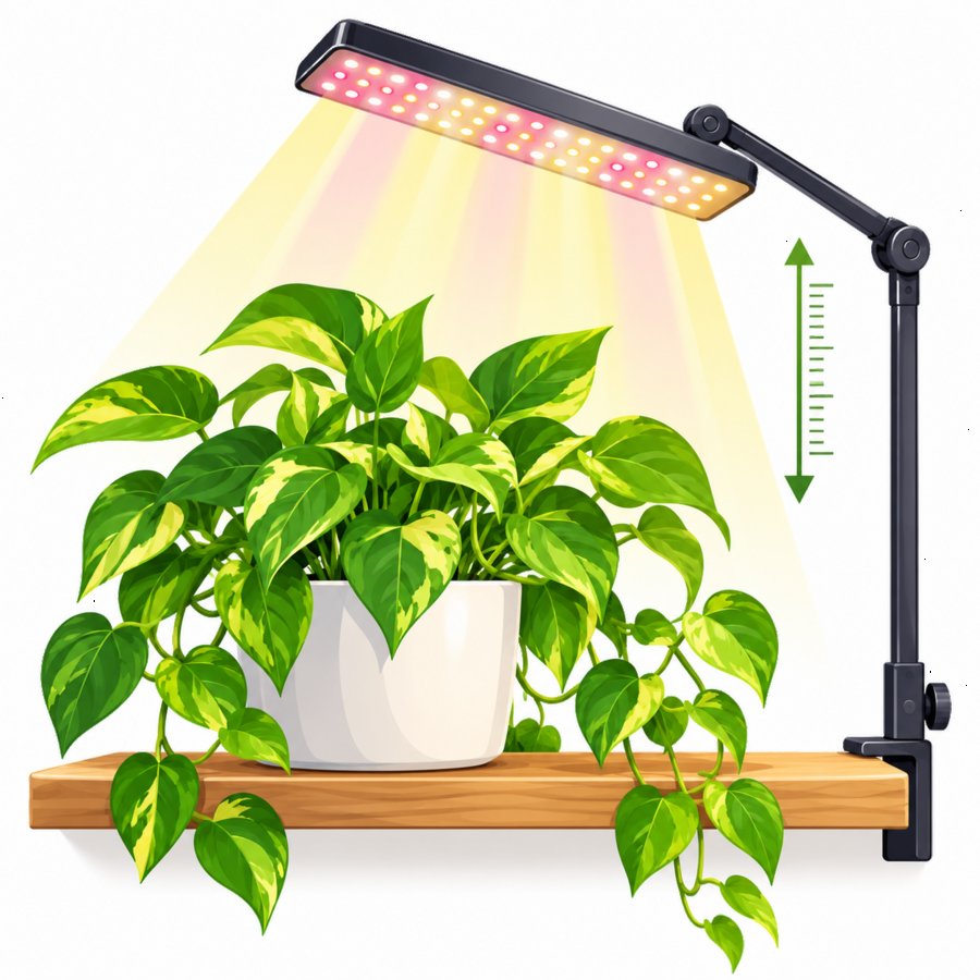 Grow light positioning hacks diagram showing correct full spectrum LED distance over leafy plants