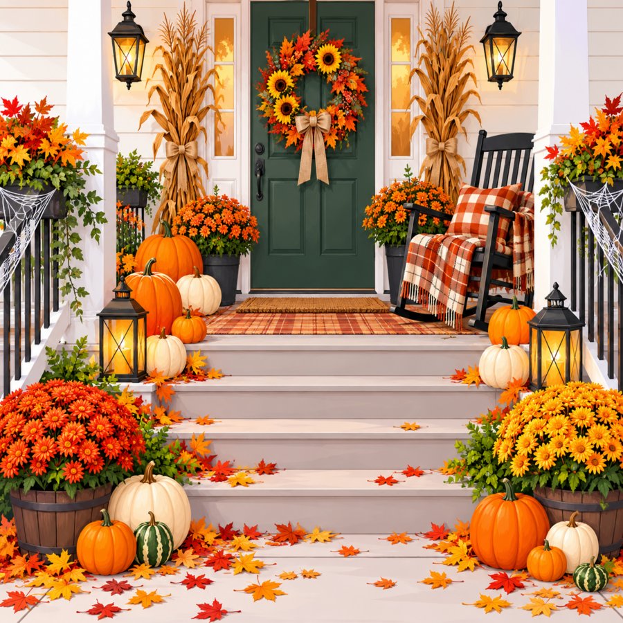 Cozy porch scene demonstrating halloween porch decorating hacks with glowing pumpkins and spooky lights