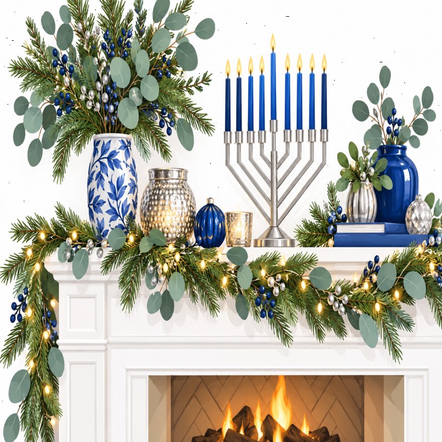 Cozy fireplace mantel showcasing hanukkah mantel display hacks with modern menorah styling