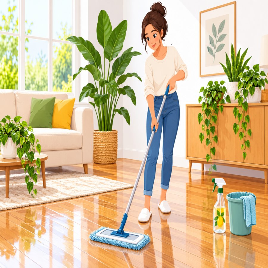 Vector illustration of a homeowner avoiding hardwood floor cleaning blunders while mopping