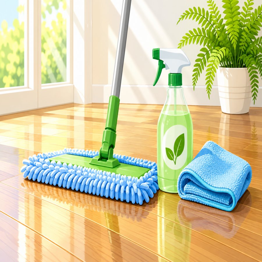 Homeowner correcting hardwood flooring cleaning mistakes with proper mop technique