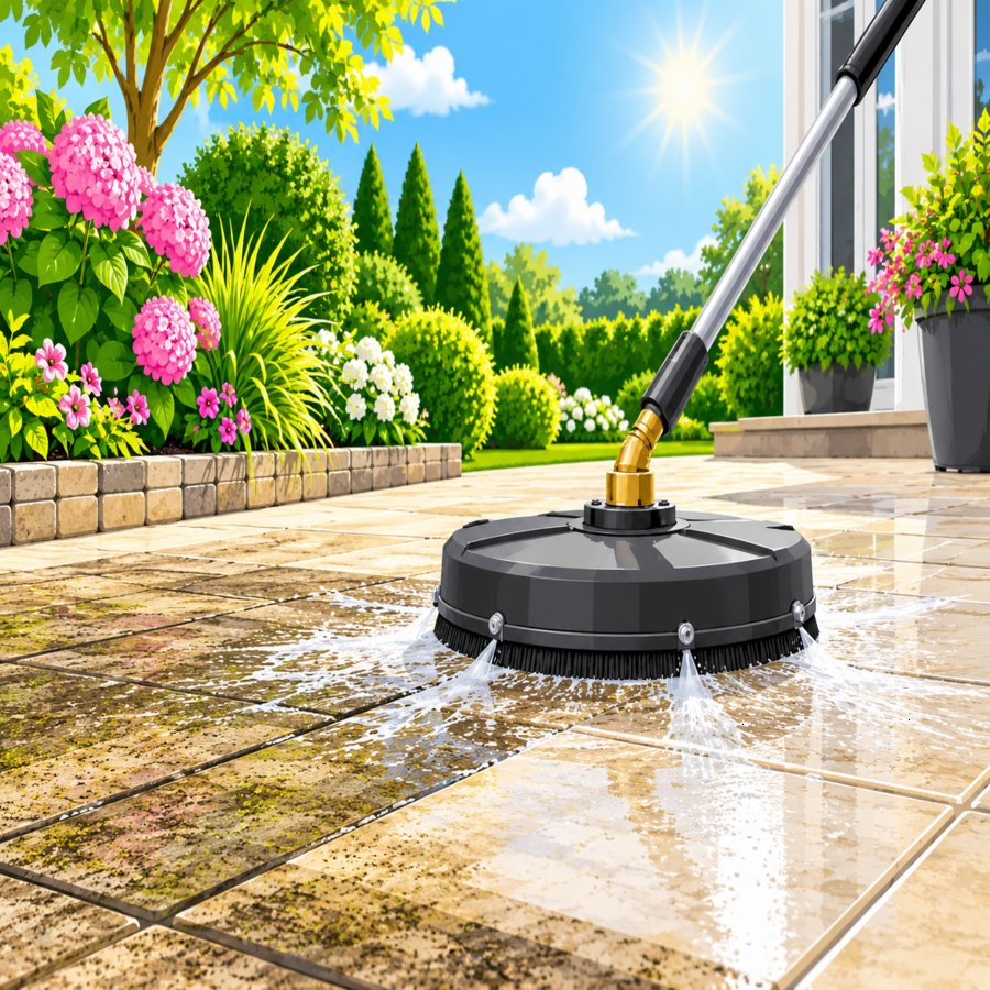High-pressure washer face-off illustration showing surface cleaner attachment in use on patio stones