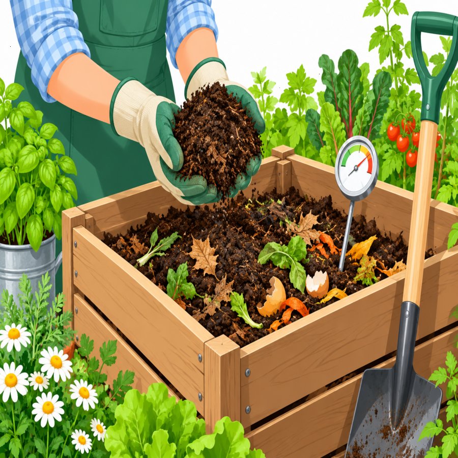 Gardener turning compost pile using hot composting hacks for faster results