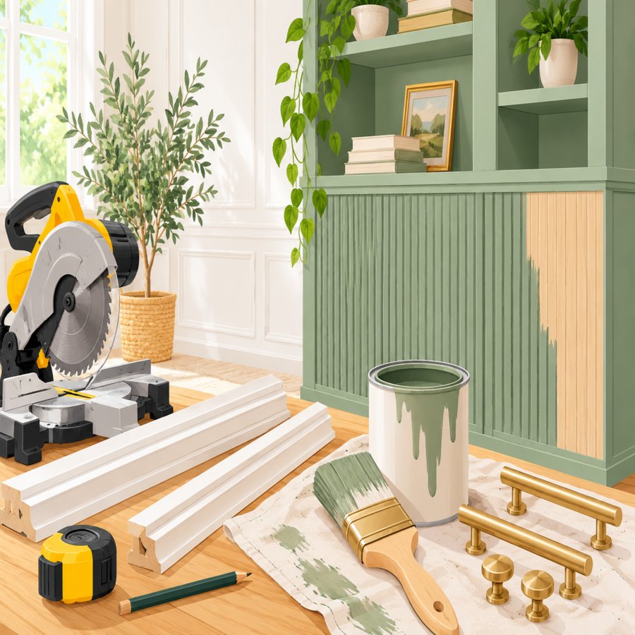 Close-up of trim and moulding detail used in ikea billy bookcase hacks for a custom look