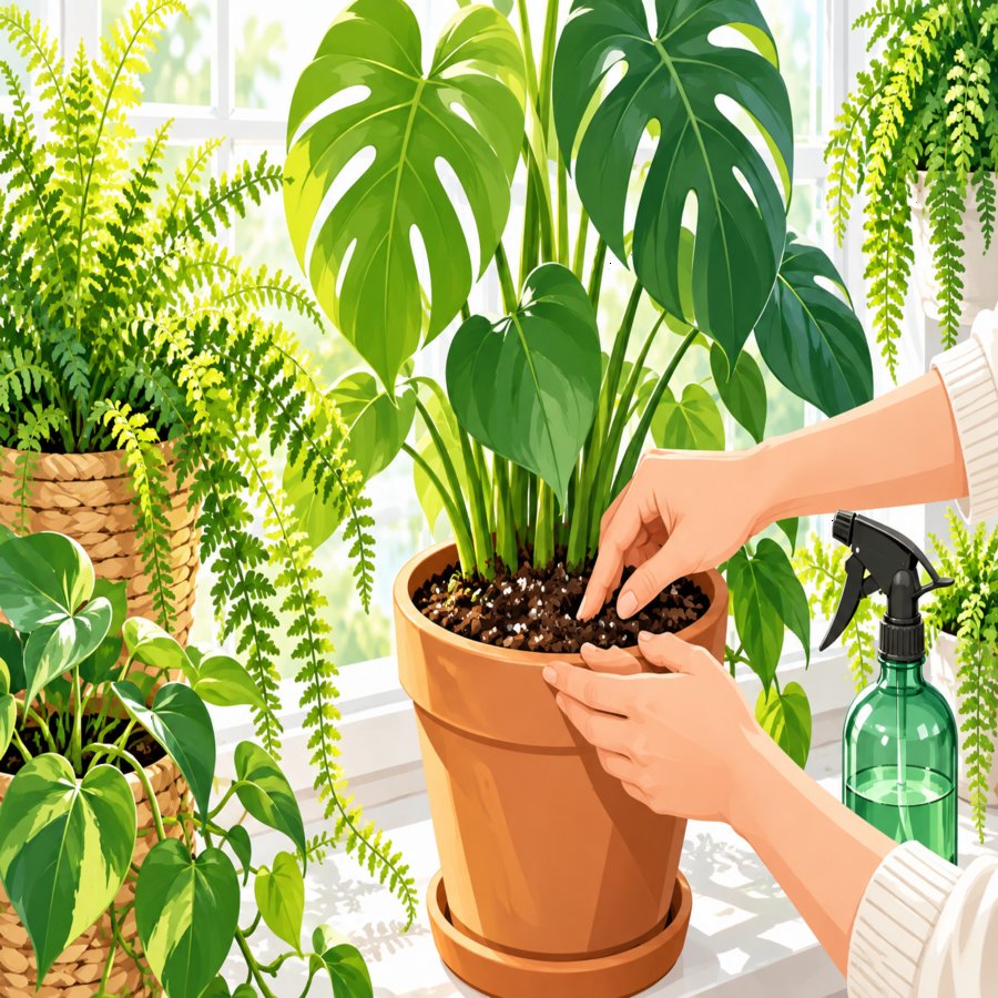 Cozy home interior demonstrating indoor plant care rules with thriving tropical plants