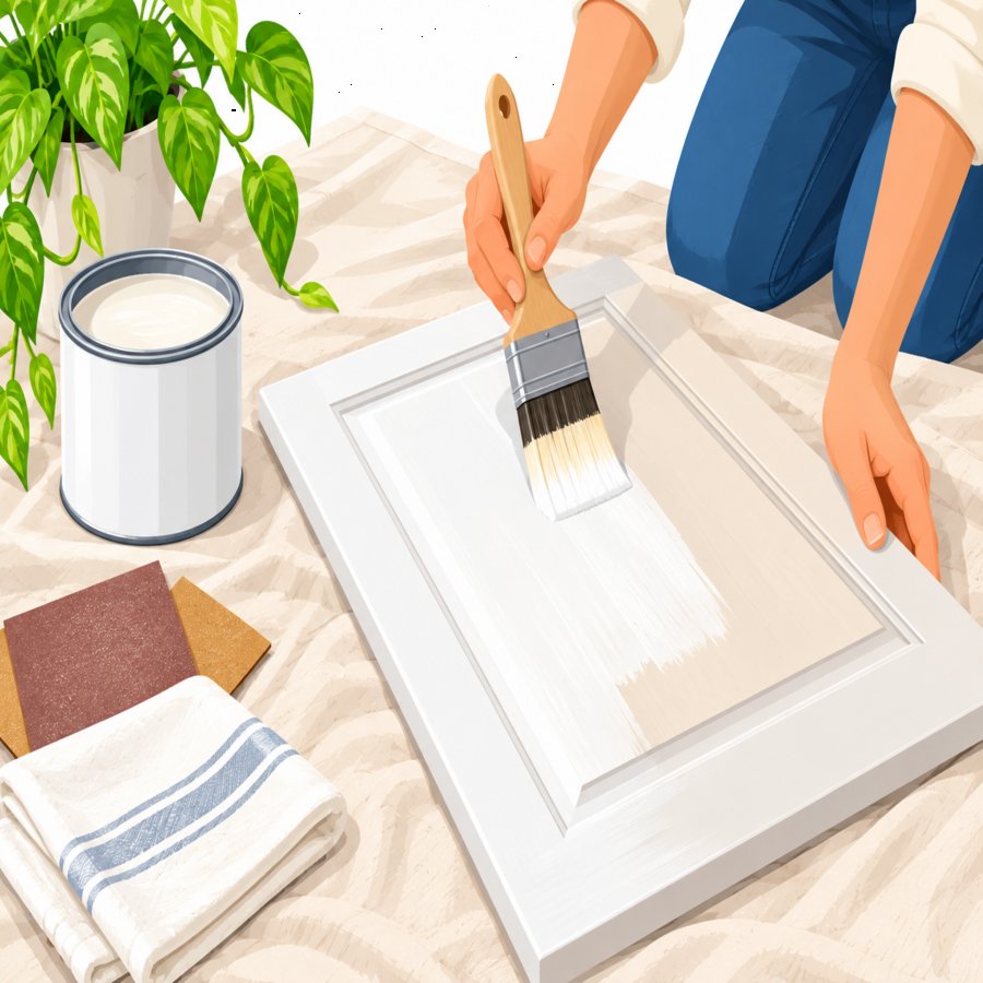 Bright vector scene depicting kitchen cabinet painting blunders being corrected with proper priming technique
