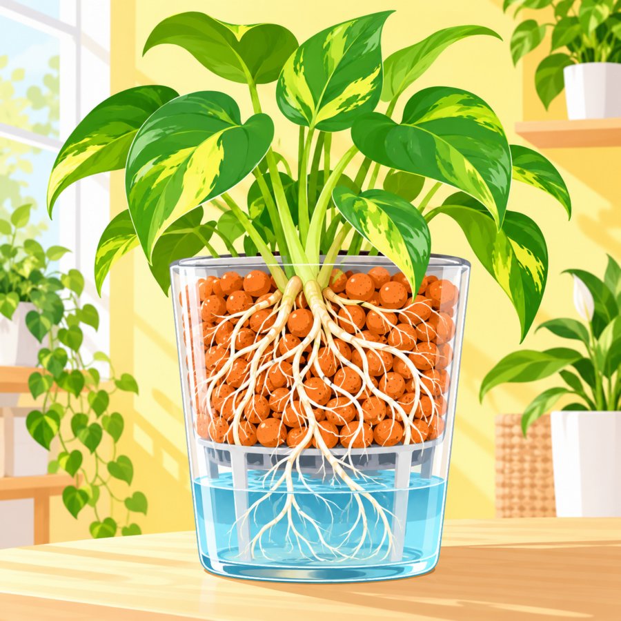 Indoor plant in clear pot showing leca setup secrets for root expansion