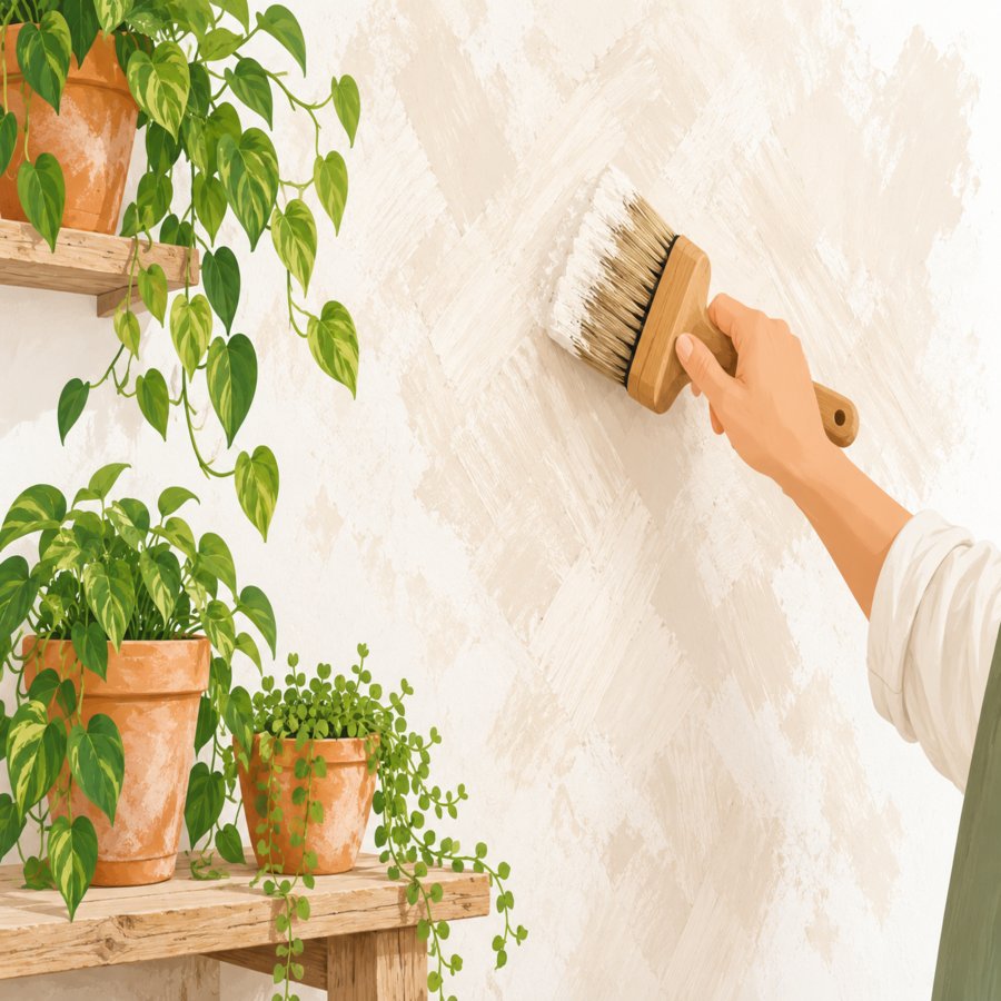 Close-up of hand applying limewash wall techniques using a natural bristle brush