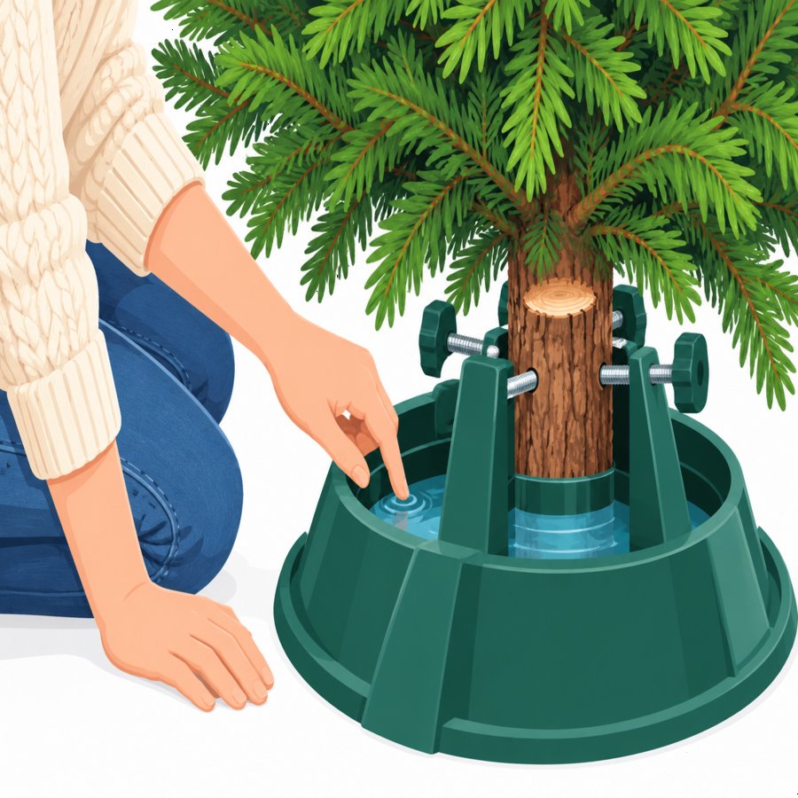 Fresh evergreen tree display avoiding live christmas tree care mistakes with proper watering stand