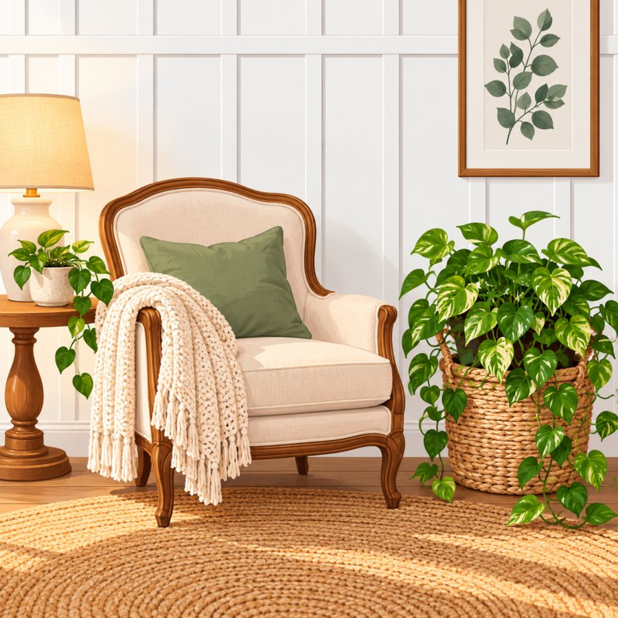 Cozy neutral living room illustrating current living room decor trends with plants and texture