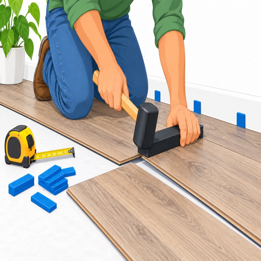Close-up of luxury vinyl plank hacks for click lock floor installation technique