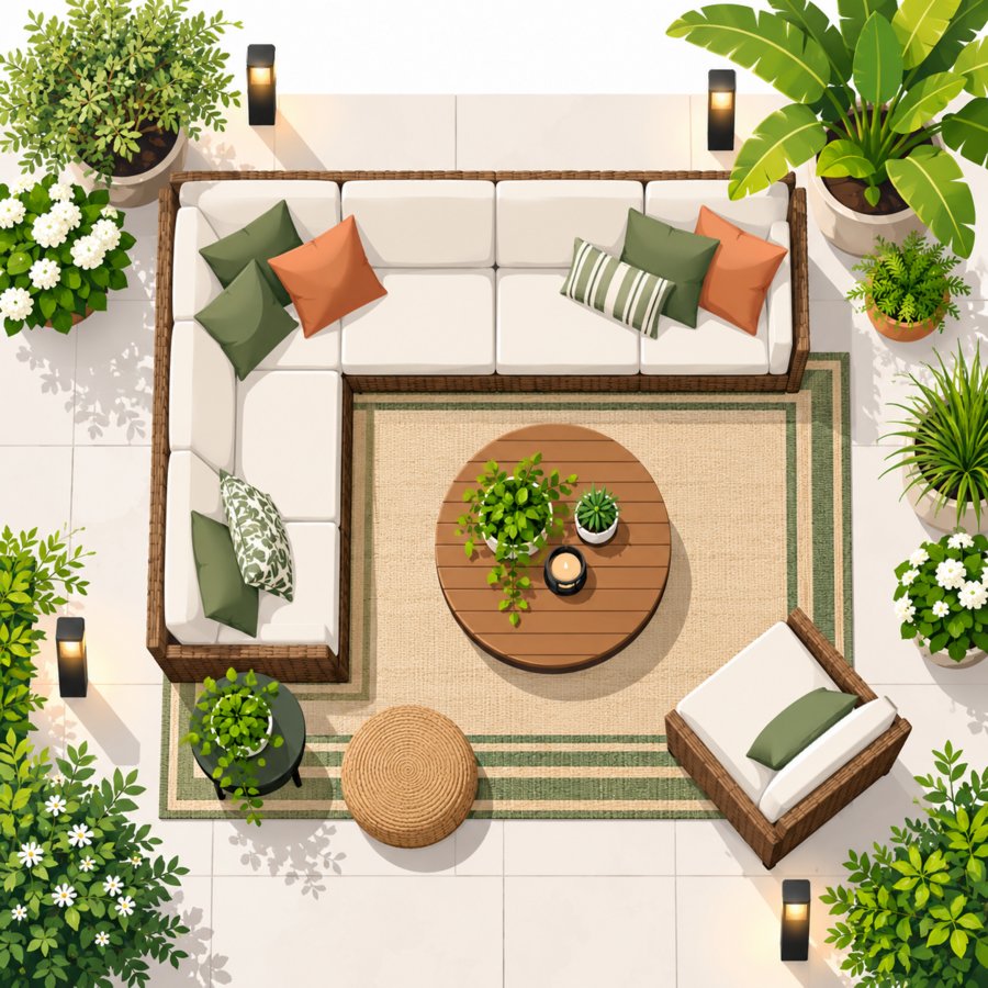 Illustration showing modular sectional positioning secrets with patio furniture layout and plants