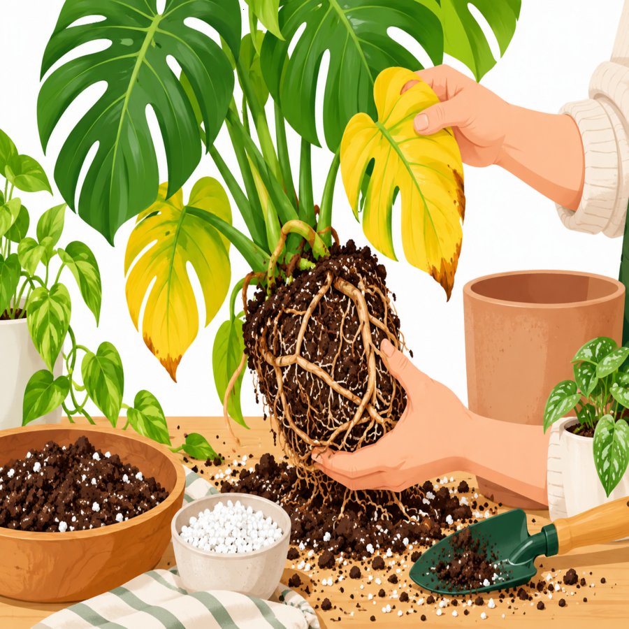 In-body illustration of monstera deliciosa care mistakes with healthy vs yellow leaves