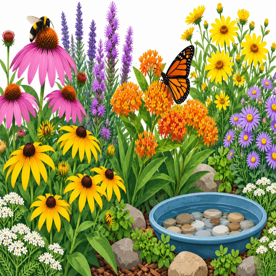 Backyard native pollinator garden layouts showing bees on blooming native flowers