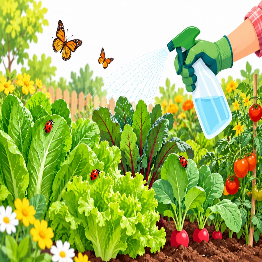 Gardener using natural pest control methods with neem oil spray in a backyard bed