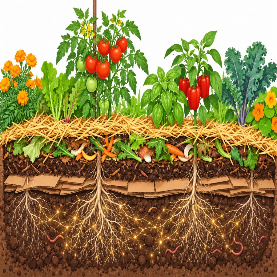 Garden bed diagram highlighting no-till gardening blunders and sheet mulching layers