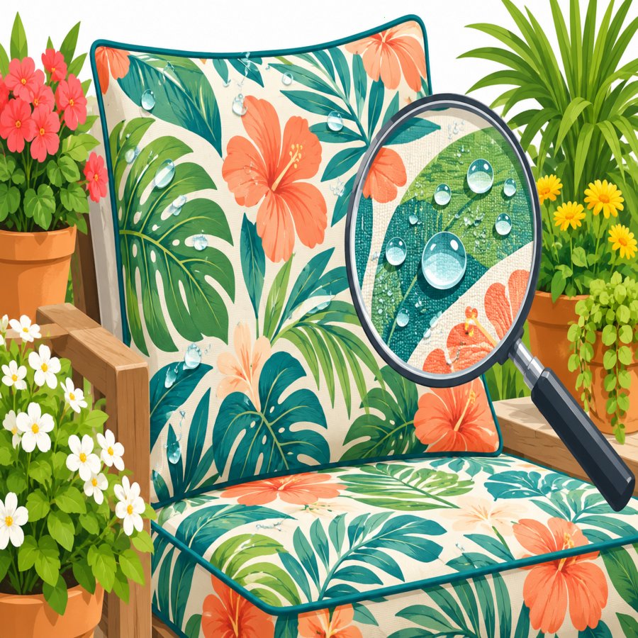 Close-up of outdoor furniture fabrics tested for rain and sun resistance on patio chairs
