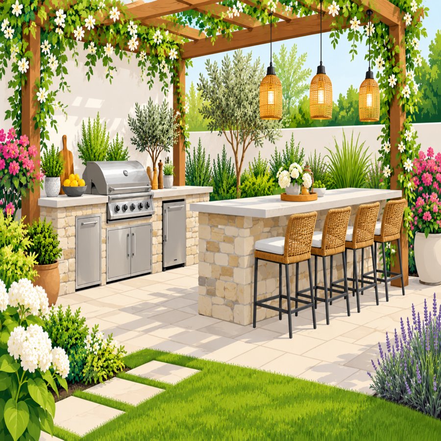 Flat vector illustration of outdoor kitchen layout ideas with bar counter and patio dining