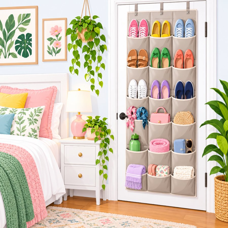 Bright bedroom scene demonstrating over-the-door storage secrets with shoe racks and pocket organizers