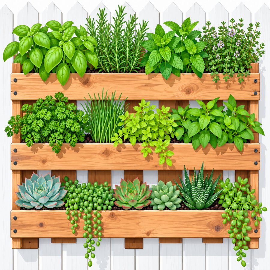 Close-up of a DIY pallet wood wall planter with herbs growing between wooden slats