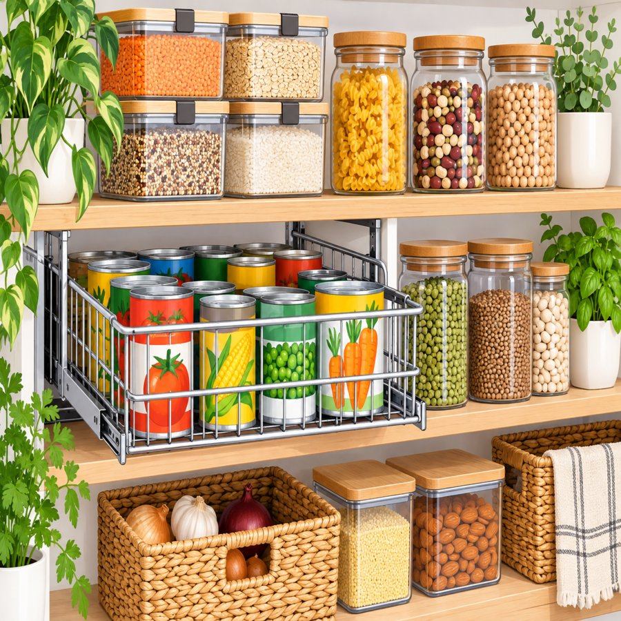 Organized kitchen pantry demonstrating pantry organization hacks with baskets and containers