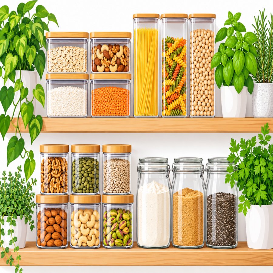 Labeled food storage bins fixing pantry organization mistakes in a home kitchen