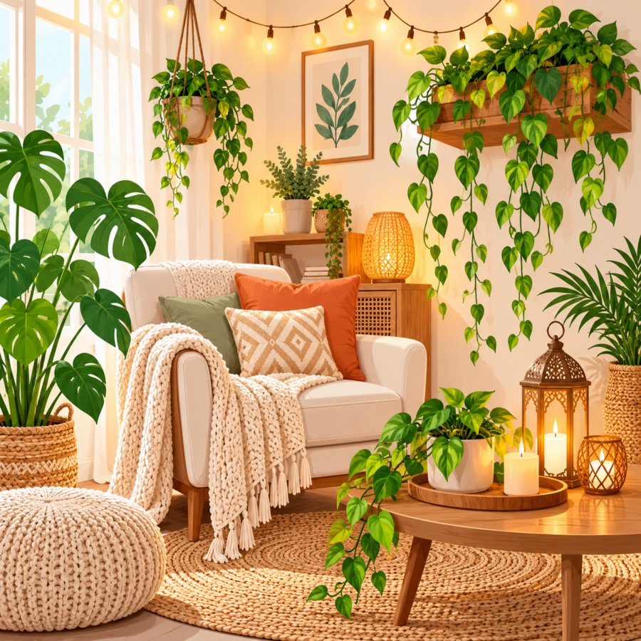 Cozy salon corner demonstrating party lighting tricks with string lights and candles