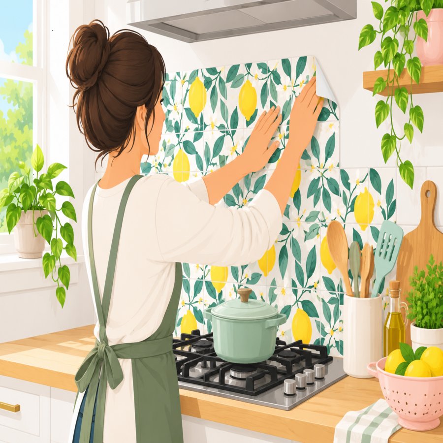 Close-up illustration of peel-and-stick backsplash hacks being applied to a kitchen wall