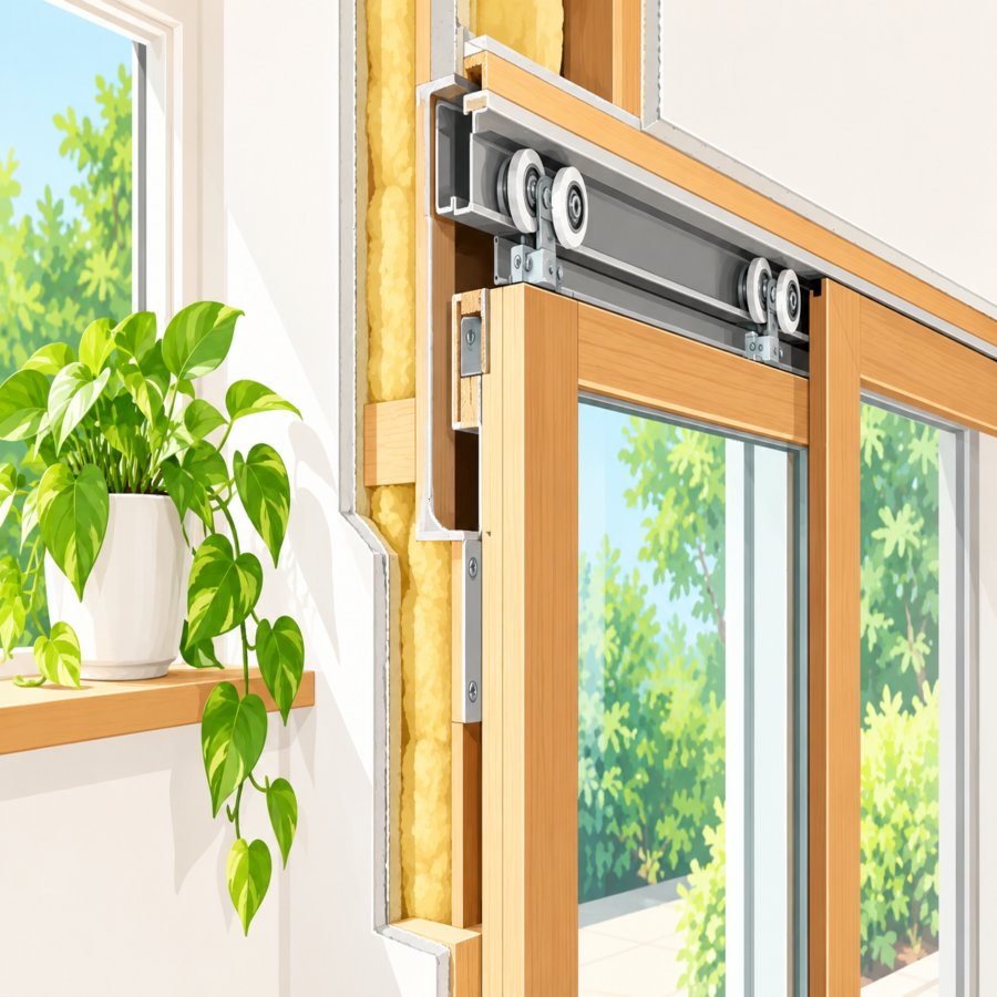 Diagram showing pocket door installation secrets with sliding track hardware in a bathroom wall