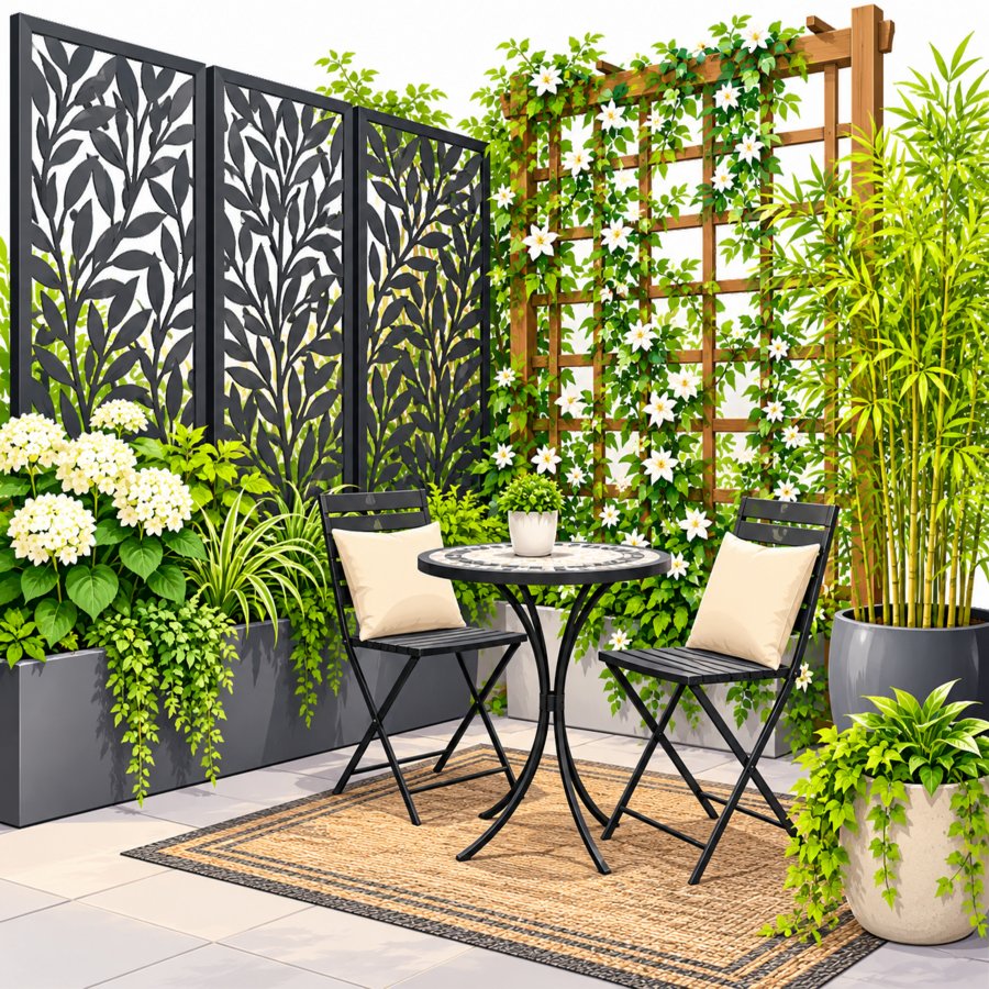 Modern patio showcasing privacy screen landscaping secrets with wood panels and plants