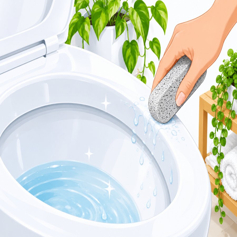 Hand using pumice stone hacks to scrub toilet mineral rings