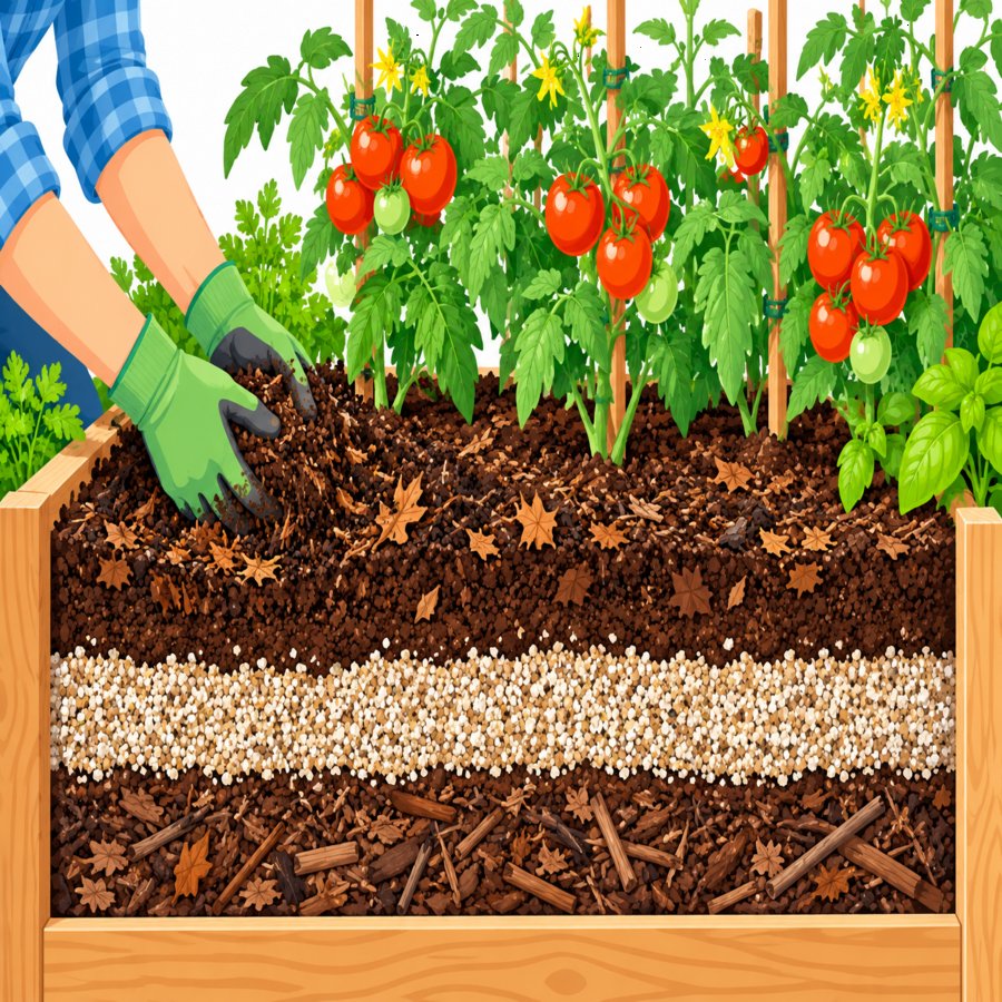 Gardener applying raised bed soil mixing secrets while planting tomato seedlings