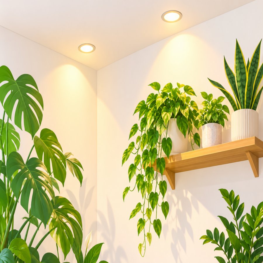 Flat vector home scene showing recessed lighting layout hacks banishing dark corners