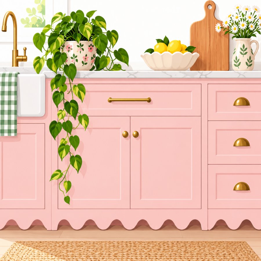 Close-up of a DIY shelf featuring one of many charming scalloped trim ideas